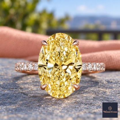 Yellow Oval Cut Lab Grown Diamond Engagement Ring - Pave Band in rose gold, close-up