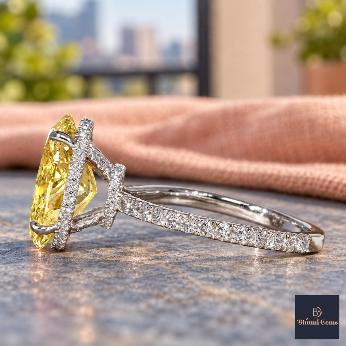Yellow Oval Cut Lab Grown Diamond Engagement Ring - Pave Band in white gold, side view