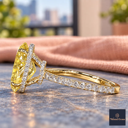 Yellow Oval Cut Lab Grown Diamond Engagement Ring - Pave Band in yellow gold, side view