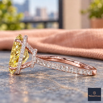 Yellow Oval Cut Lab Grown Diamond Engagement Ring - Pave Band in rose gold, side view