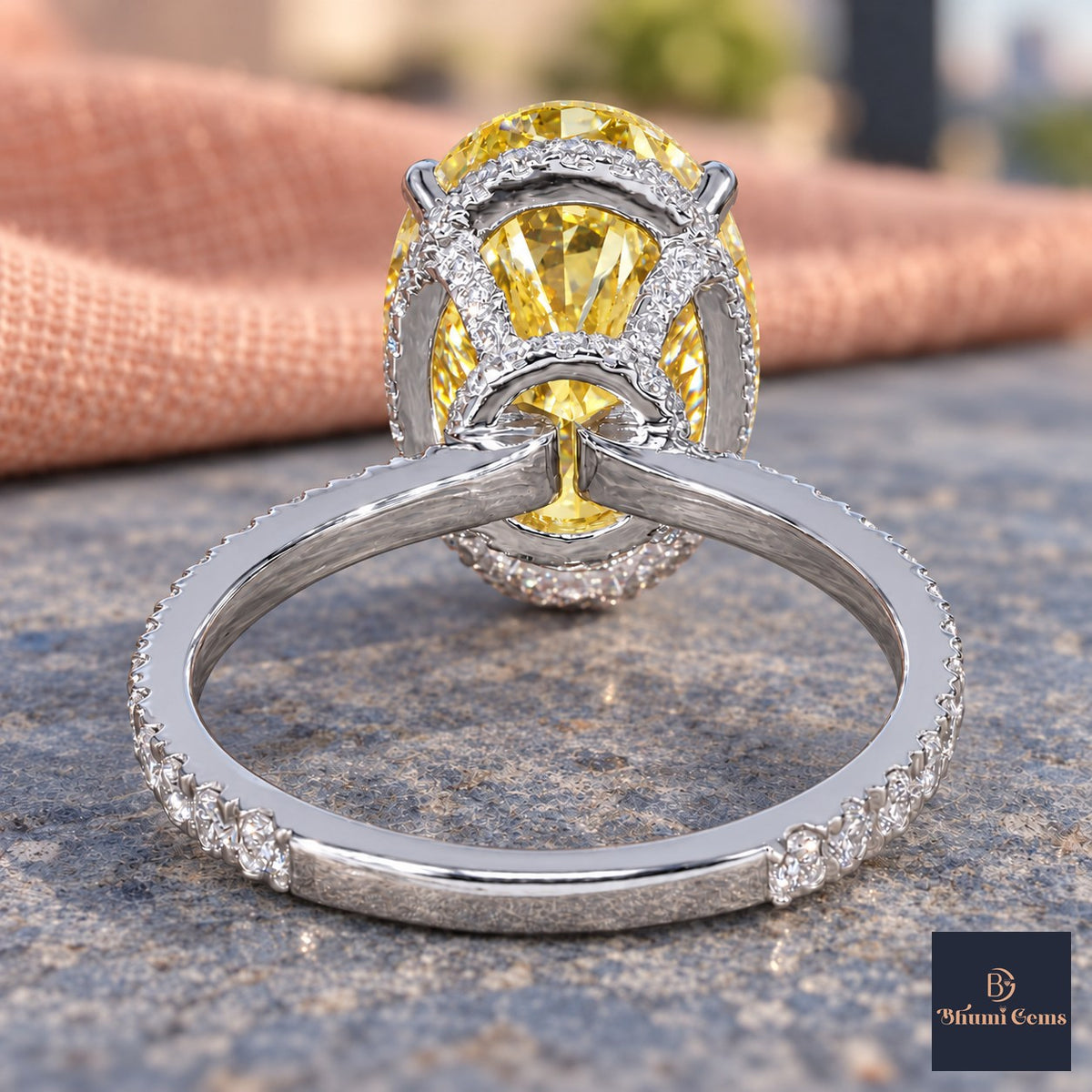 Yellow Oval Cut Lab Grown Diamond Engagement Ring - Pave Band in white gold, gallery view
