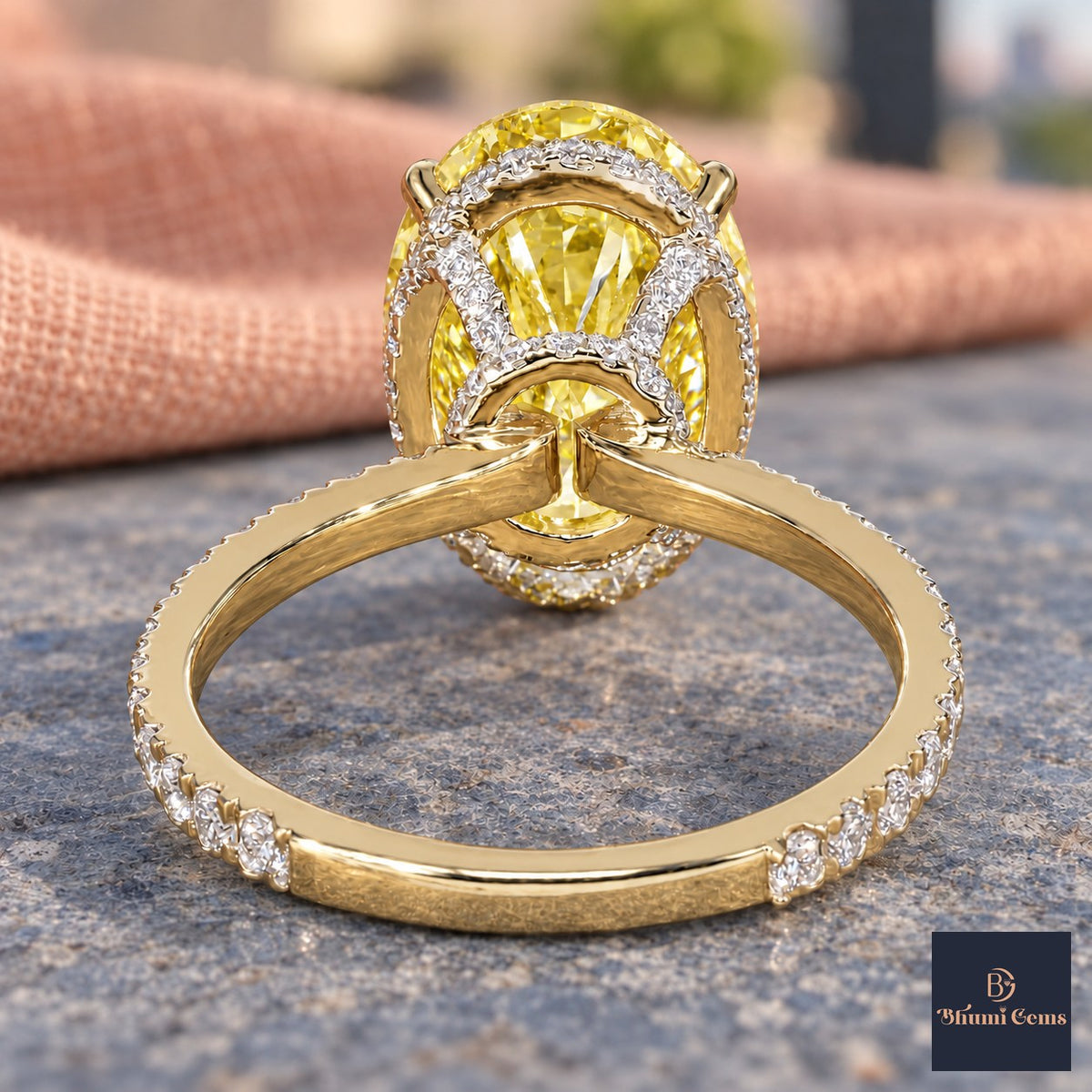 Yellow Oval Cut Lab Grown Diamond Engagement Ring - Pave Band in yellow gold, gallery view