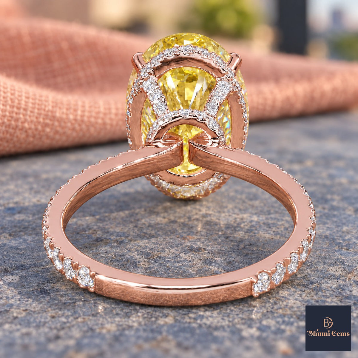 Yellow Oval Cut Lab Grown Diamond Engagement Ring - Pave Band in rose gold, gallery view