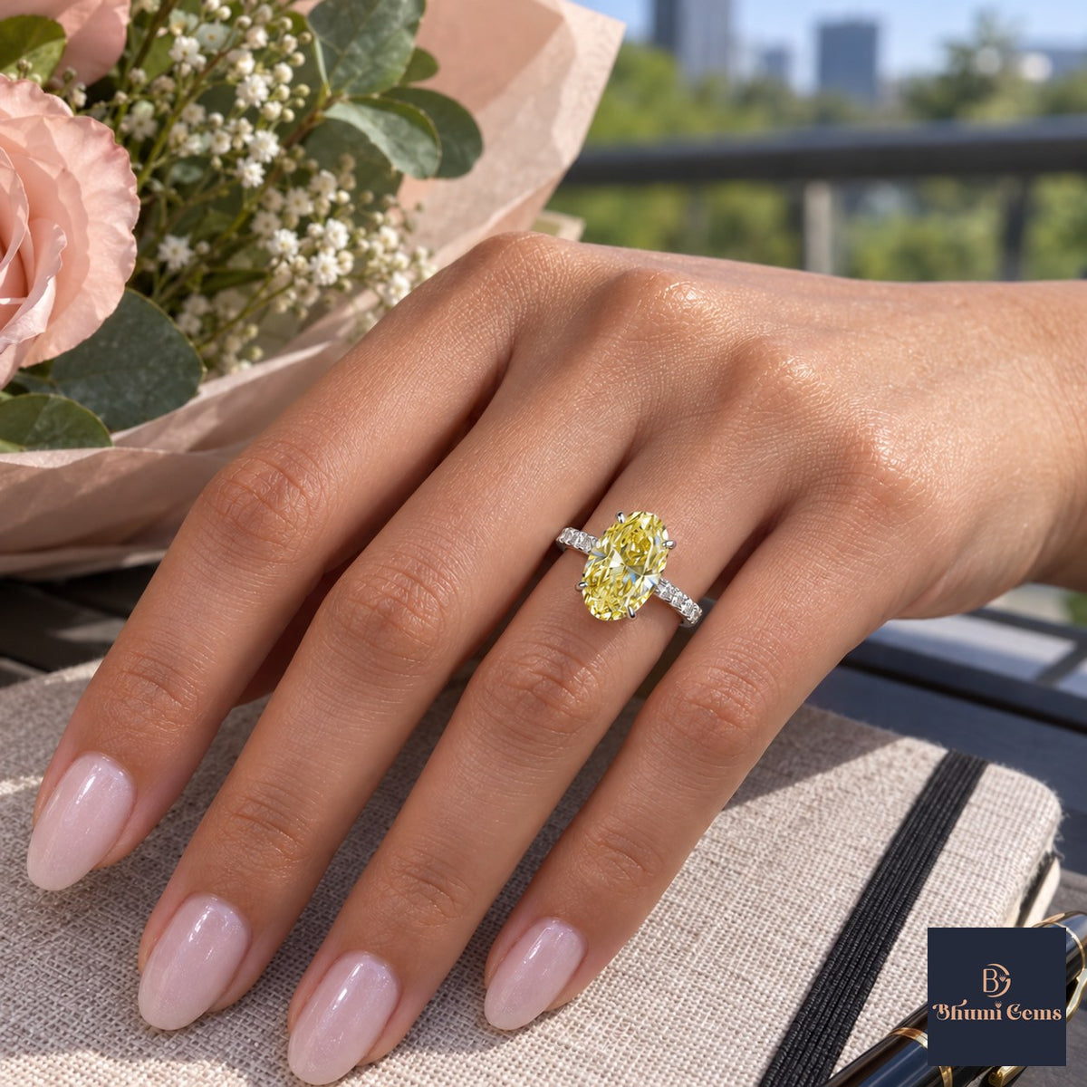 Yellow Oval Cut Lab Grown Diamond Engagement Ring - Pave Band in white gold, worn on the hand