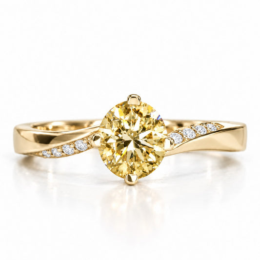 Yellow Oval Cut Lab Grown Diamond Engagement Ring - Pave Twist Bypass in yellow gold, front view