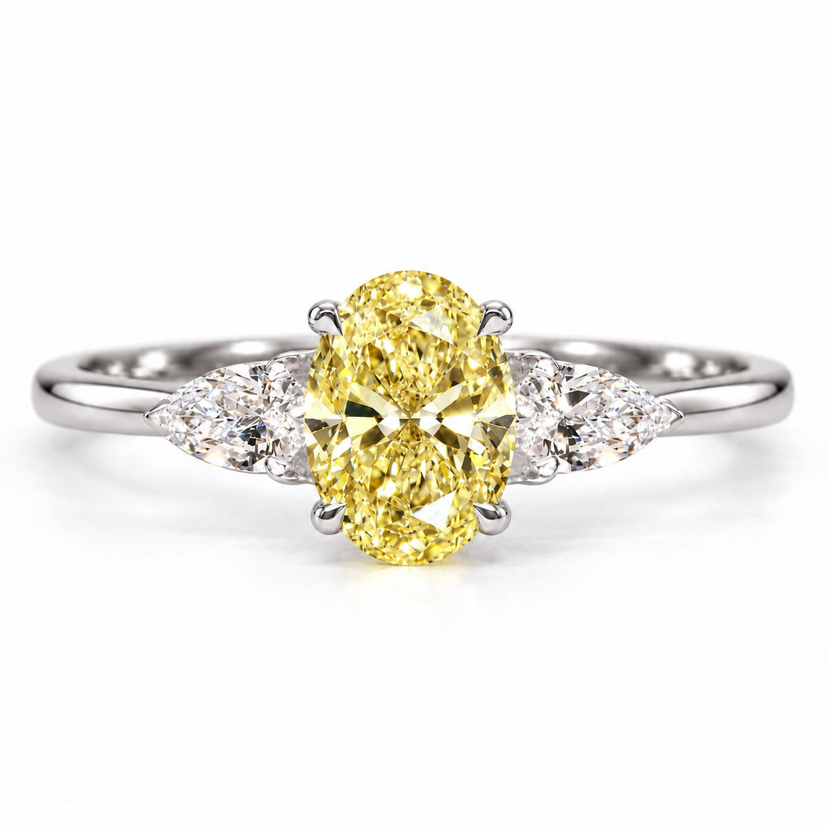 Yellow Oval Cut Lab Grown Diamond Engagement Ring - Pear Side Stones in white gold, front view