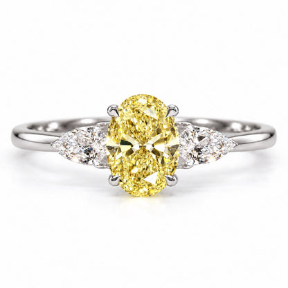 Yellow Oval Cut Lab Grown Diamond Engagement Ring - Pear Side Stones in white gold, front view