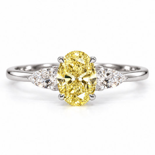 Yellow Oval Cut Lab Grown Diamond Engagement Ring - Pear Side Stones in white gold, front view