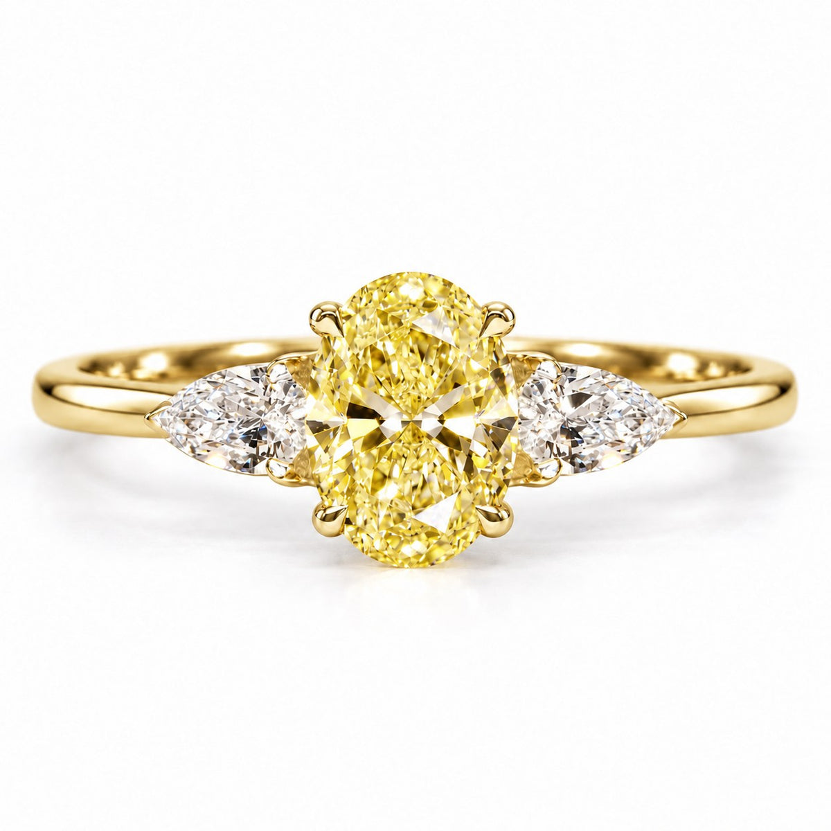 Yellow Oval Cut Lab Grown Diamond Engagement Ring - Pear Side Stones in yellow gold, front view