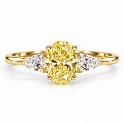 Yellow Oval Cut Lab Grown Diamond Engagement Ring - Pear Side Stones in yellow gold, front view