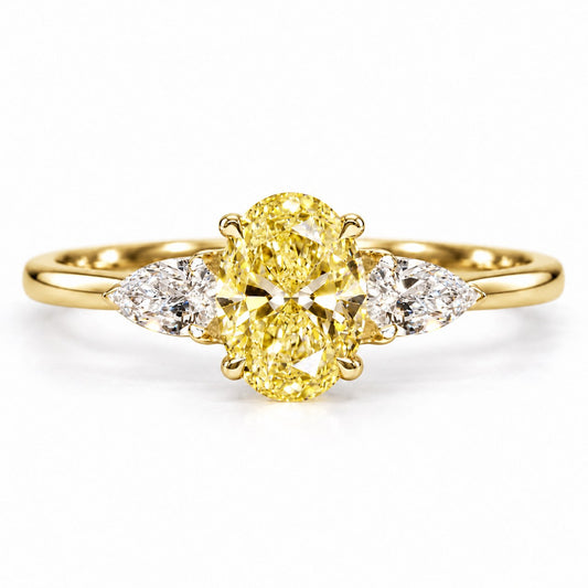 Yellow Oval Cut Lab Grown Diamond Engagement Ring - Pear Side Stones in yellow gold, front view