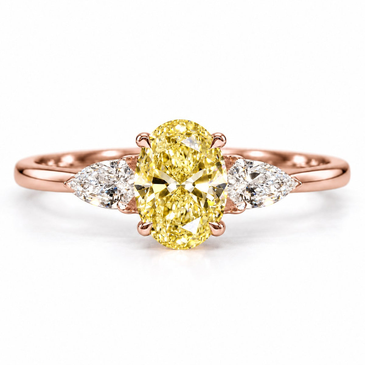 Yellow Oval Cut Lab Grown Diamond Engagement Ring - Pear Side Stones in rose gold, front view