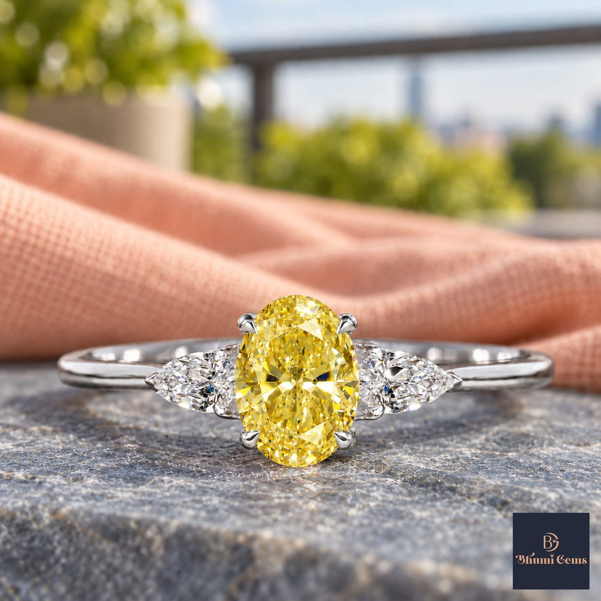 Yellow Oval Cut Lab Grown Diamond Engagement Ring - Pear Side Stones in white gold, close-up