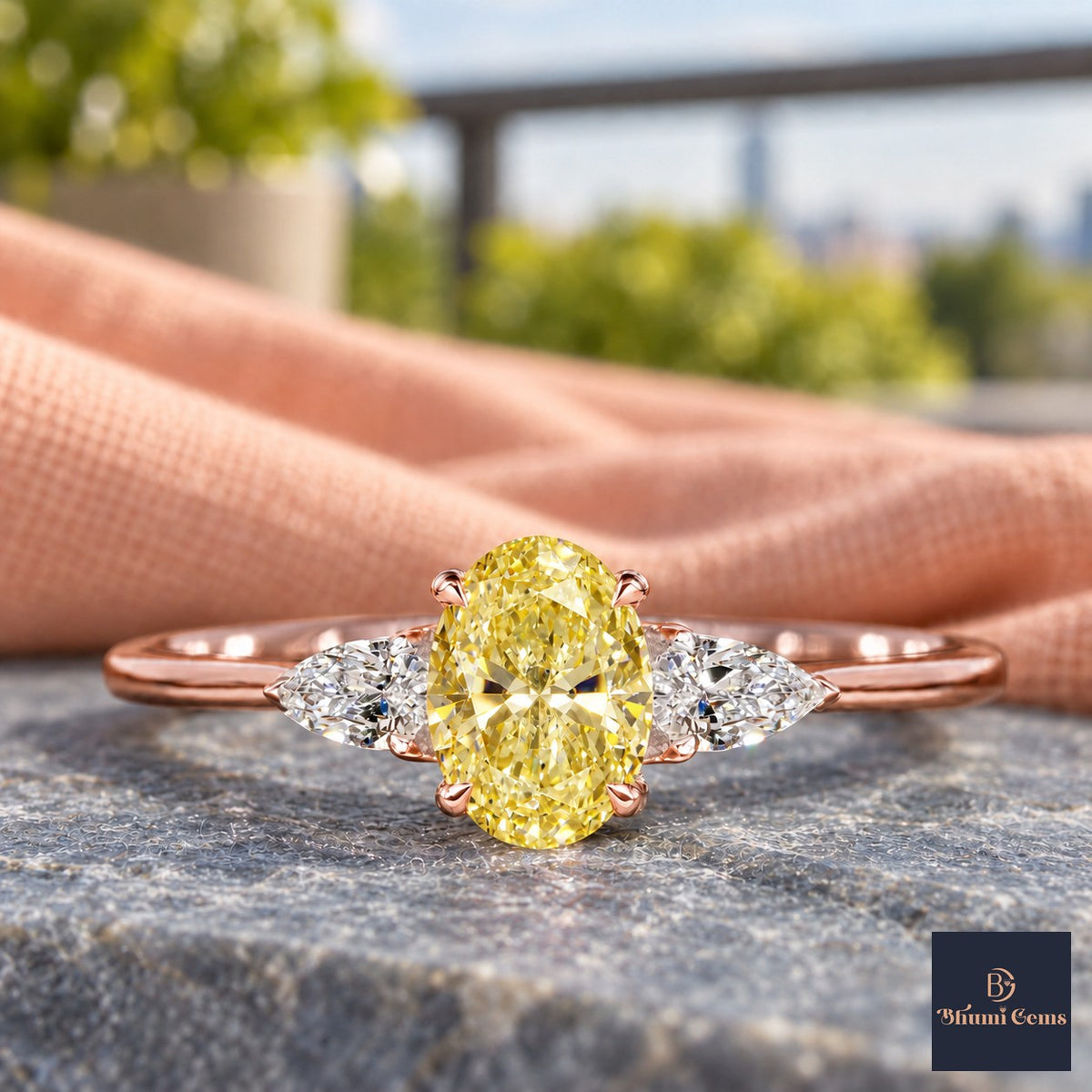 Yellow Oval Cut Lab Grown Diamond Engagement Ring - Pear Side Stones in rose gold, close-up