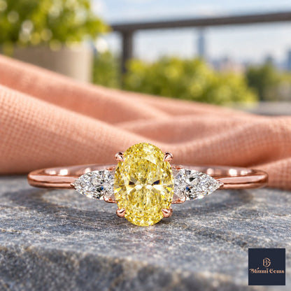 Yellow Oval Cut Lab Grown Diamond Engagement Ring - Pear Side Stones in rose gold, close-up
