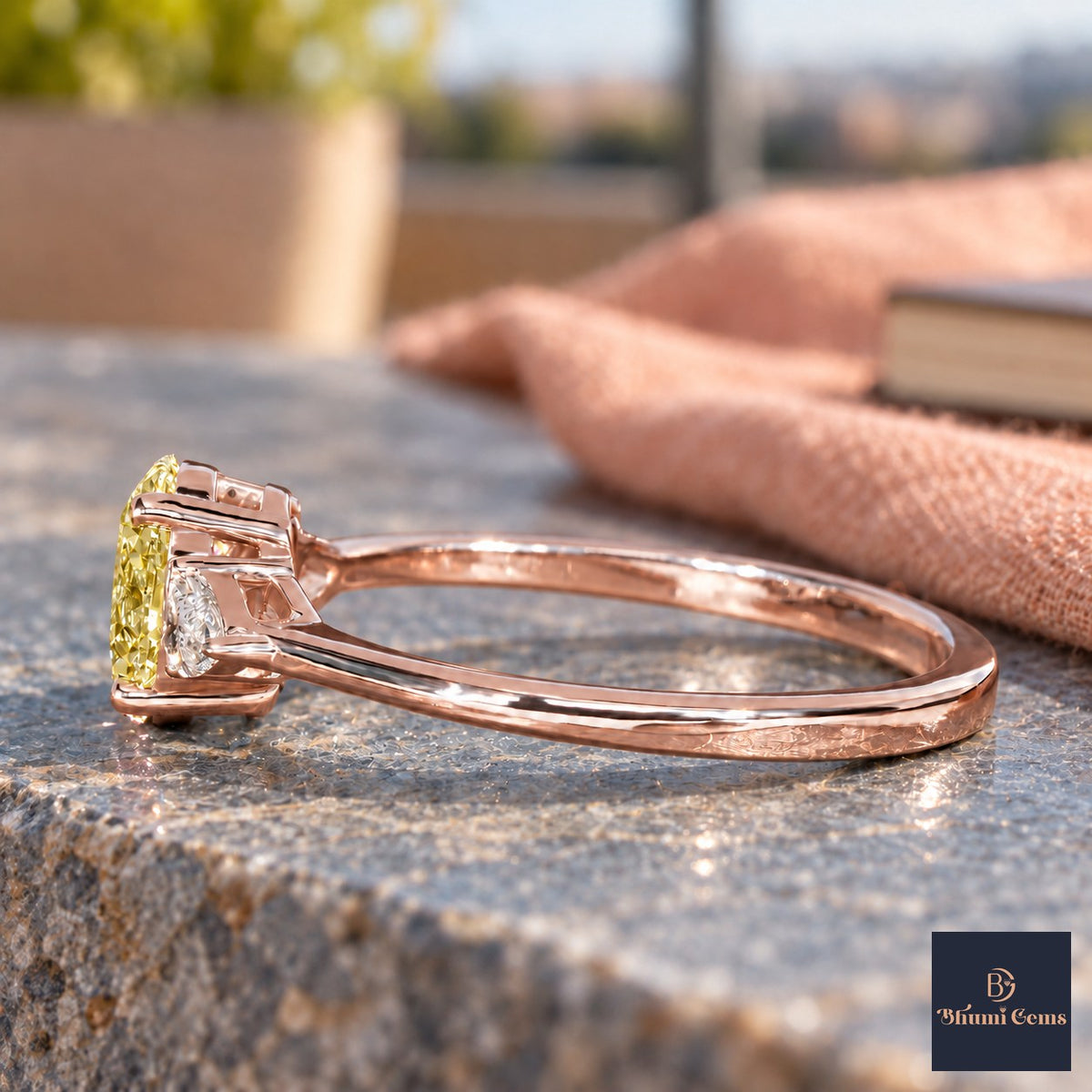 Yellow Oval Cut Lab Grown Diamond Engagement Ring - Pear Side Stones in rose gold, side view