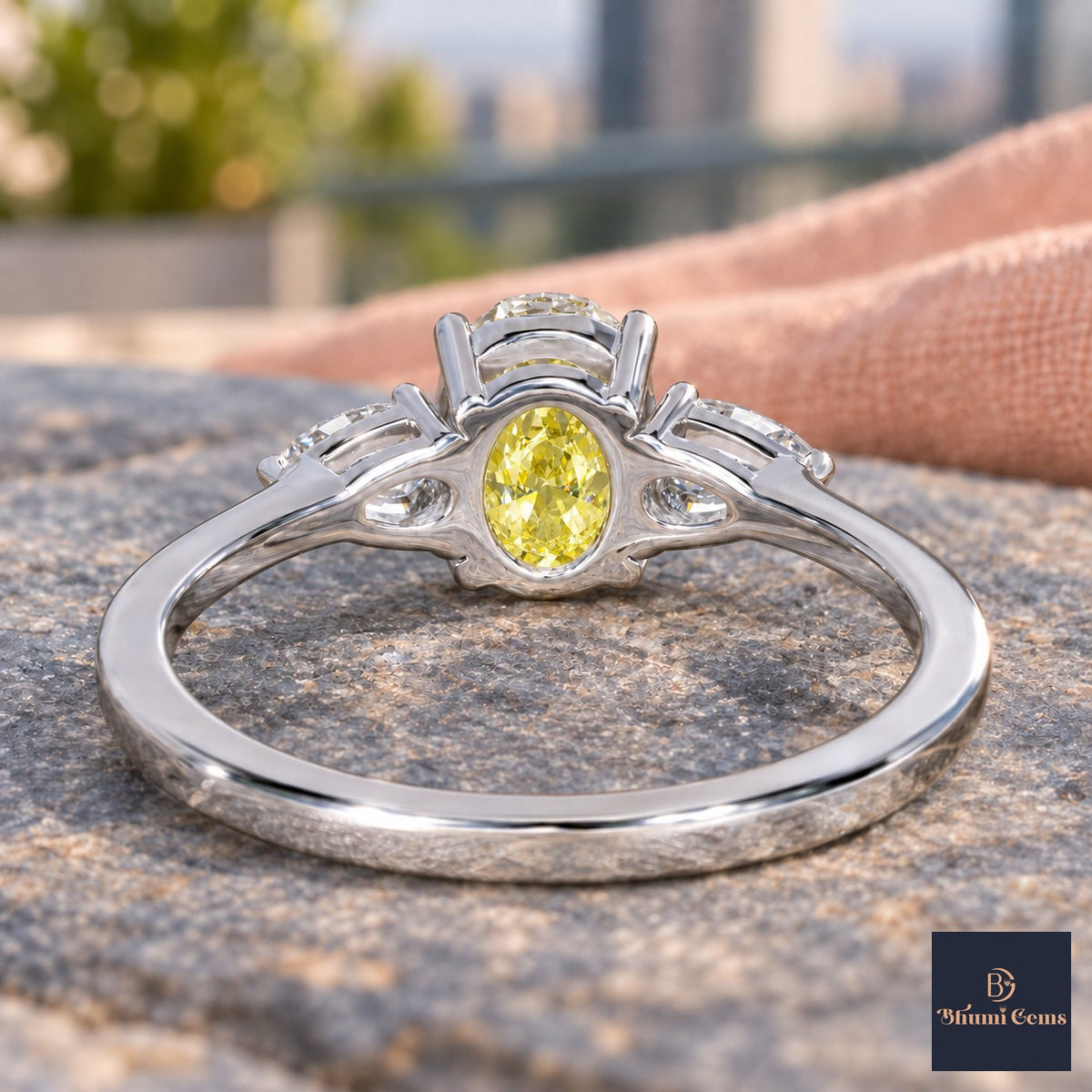 Yellow Oval Cut Lab Grown Diamond Engagement Ring - Pear Side Stones in white gold, gallery view