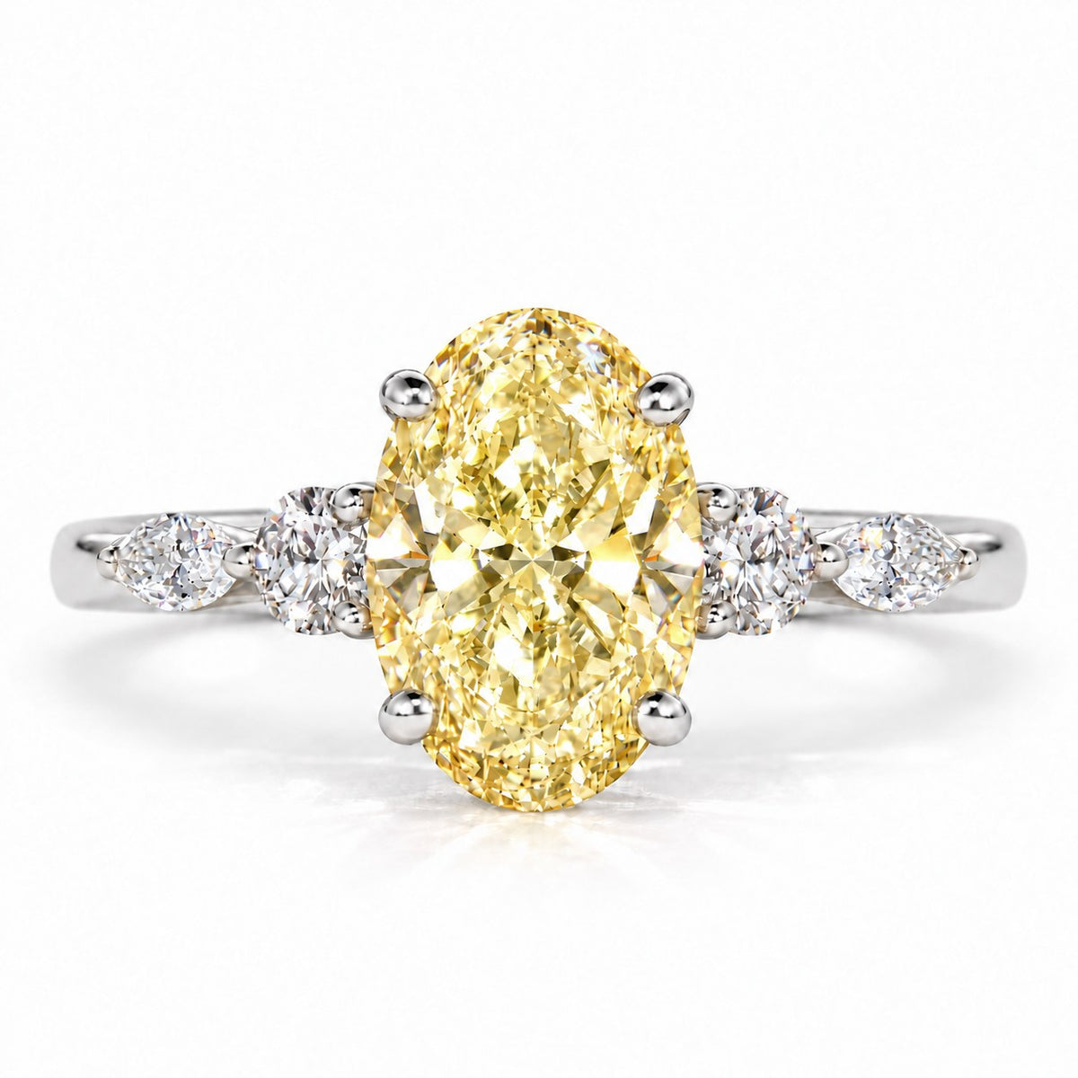Yellow Oval Cut Lab Grown Diamond Engagement Ring - Round and Marquise Accents in white gold, front view