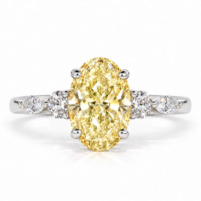 Yellow Oval Cut Lab Grown Diamond Engagement Ring - Round and Marquise Accents in white gold, front view
