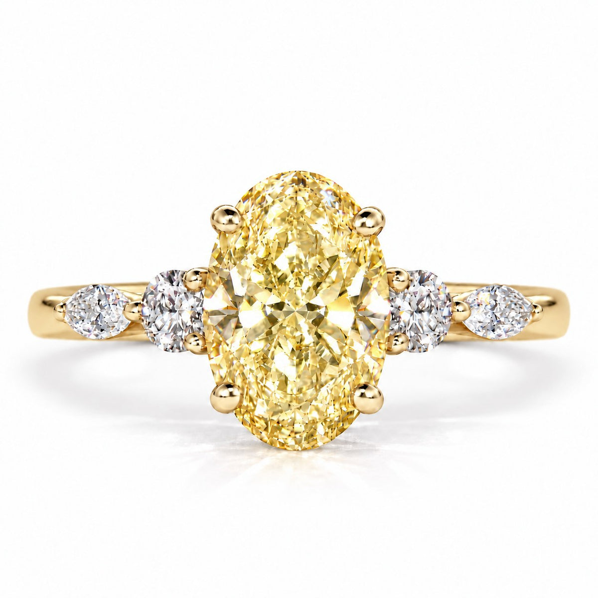 Yellow Oval Cut Lab Grown Diamond Engagement Ring - Round and Marquise Accents in yellow gold, front view