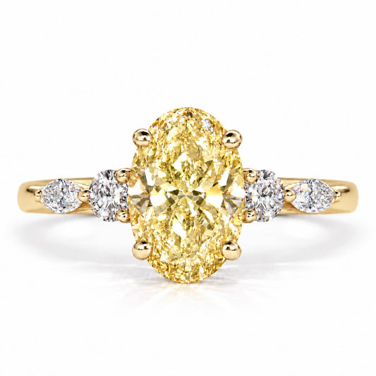 Yellow Oval Cut Lab Grown Diamond Engagement Ring - Round and Marquise Accents in yellow gold, front view