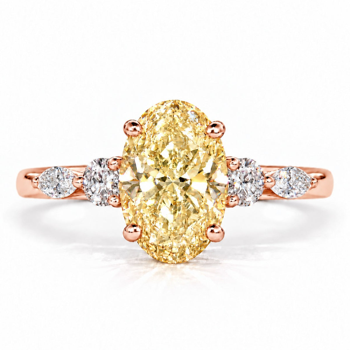 Yellow Oval Cut Lab Grown Diamond Engagement Ring - Round and Marquise Accents in rose gold, front view