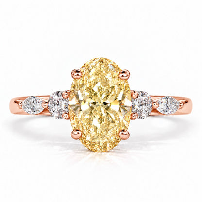Yellow Oval Cut Lab Grown Diamond Engagement Ring - Round and Marquise Accents in rose gold, front view