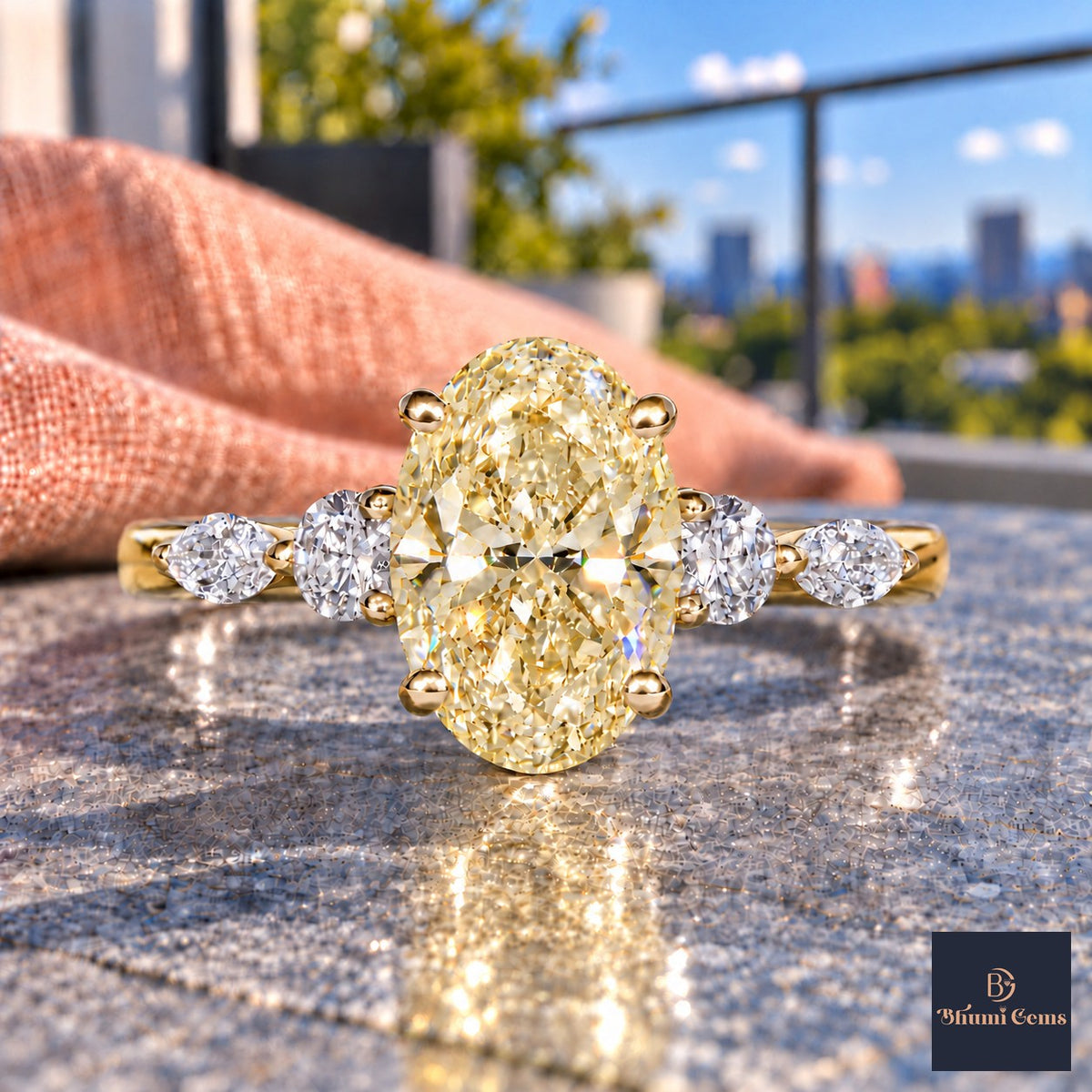Yellow Oval Cut Lab Grown Diamond Engagement Ring - Round and Marquise Accents in yellow gold, close-up
