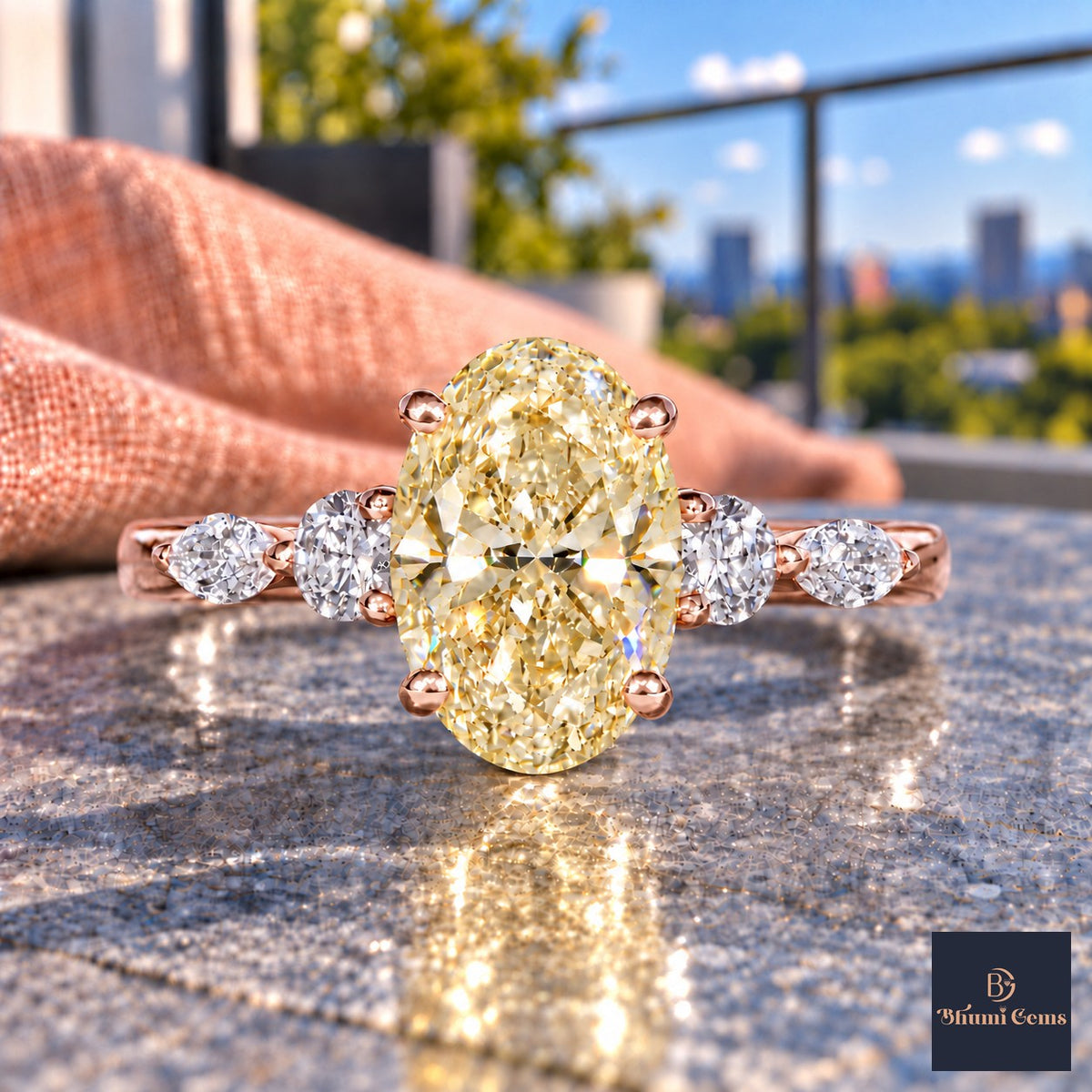 Yellow Oval Cut Lab Grown Diamond Engagement Ring - Round and Marquise Accents in rose gold, close-up