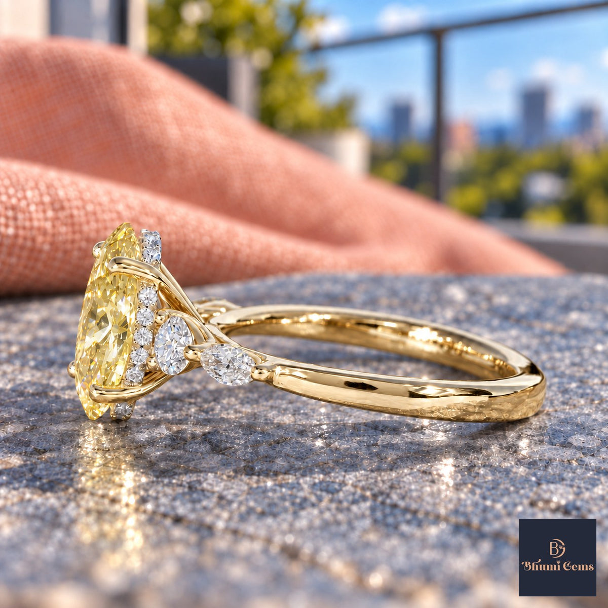 Yellow Oval Cut Lab Grown Diamond Engagement Ring - Round and Marquise Accents in yellow gold, side view