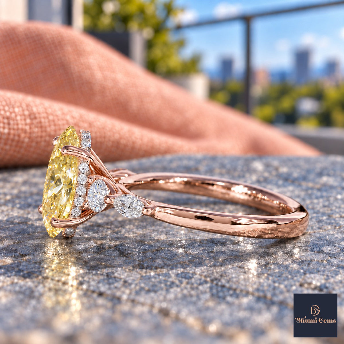 Yellow Oval Cut Lab Grown Diamond Engagement Ring - Round and Marquise Accents in rose gold, side view