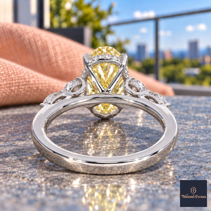 Yellow Oval Cut Lab Grown Diamond Engagement Ring - Round and Marquise Accents in white gold, gallery view