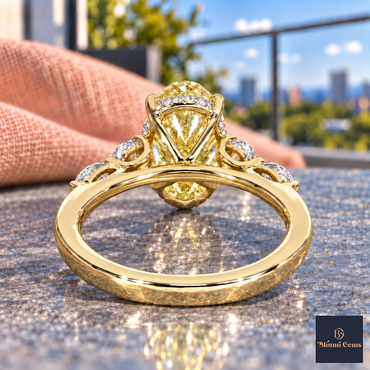 Yellow Oval Cut Lab Grown Diamond Engagement Ring - Round and Marquise Accents in yellow gold, gallery view