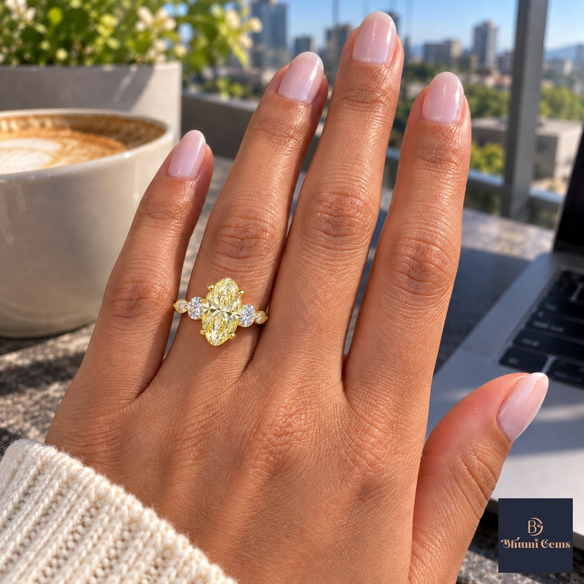 Yellow Oval Cut Lab Grown Diamond Engagement Ring - Round and Marquise Accents in yellow gold, on the hand
