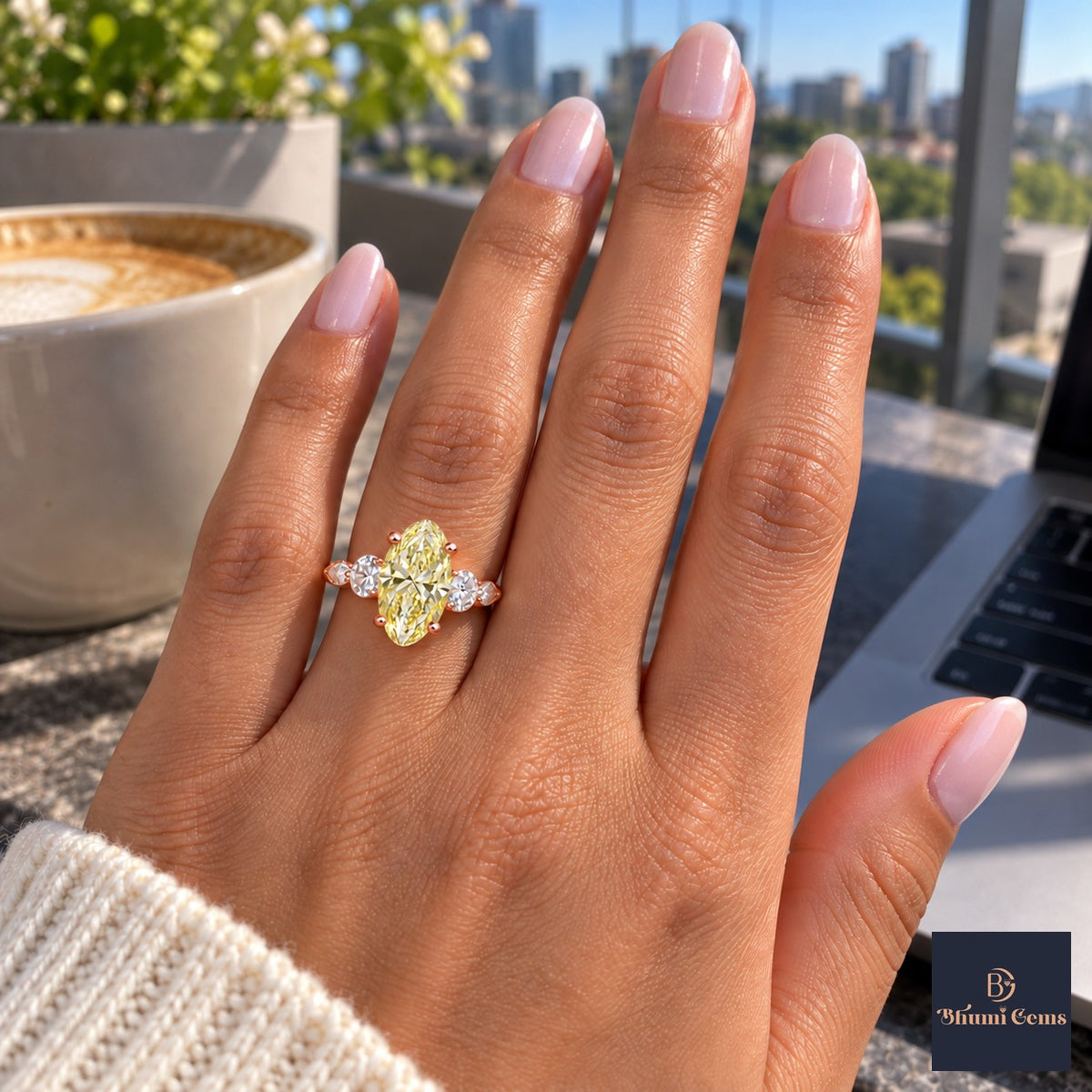 Yellow Oval Cut Lab Grown Diamond Engagement Ring - Round and Marquise Accents in rose gold, on the hand