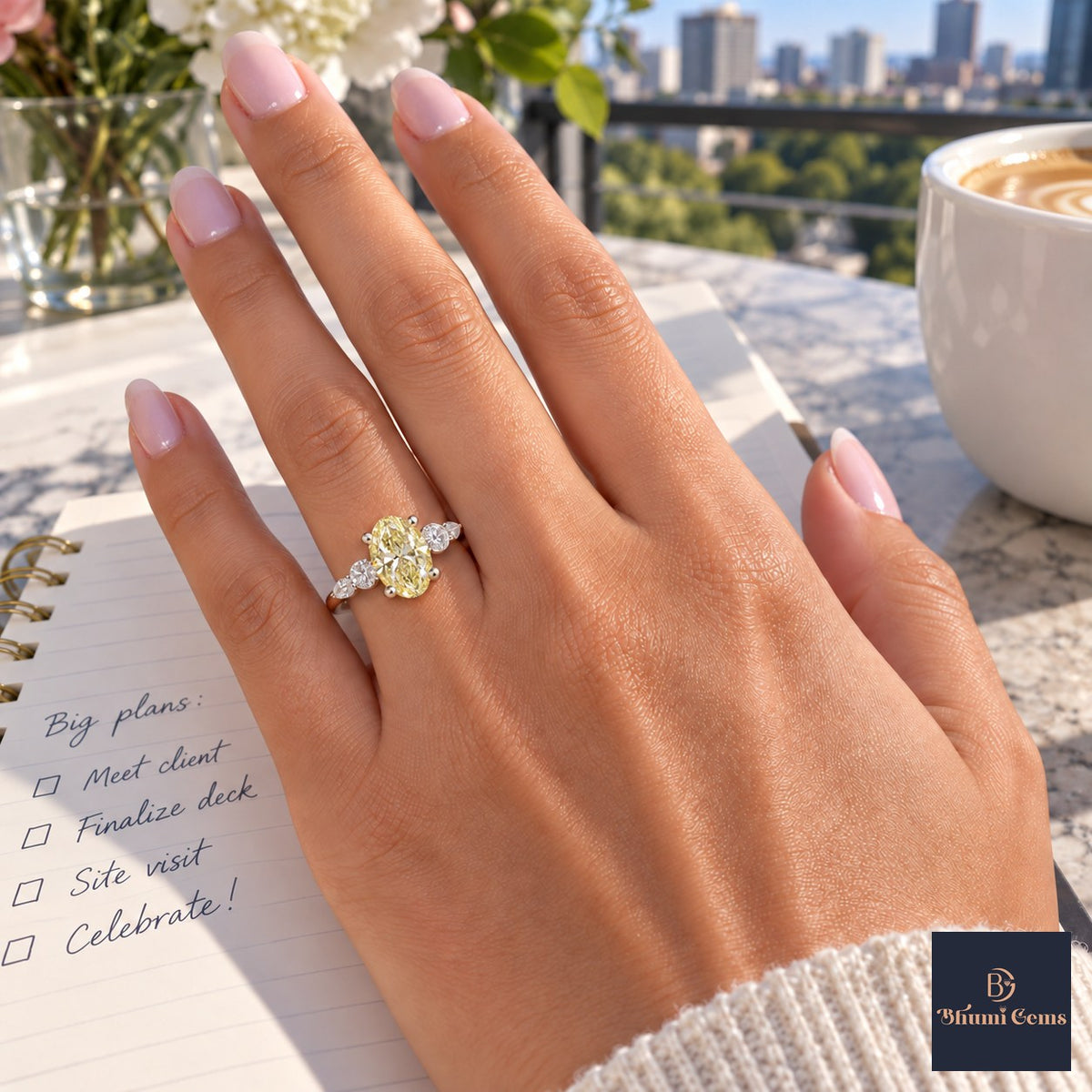 Yellow Oval Cut Lab Grown Diamond Engagement Ring - Round and Marquise Accents in white gold, worn on the hand