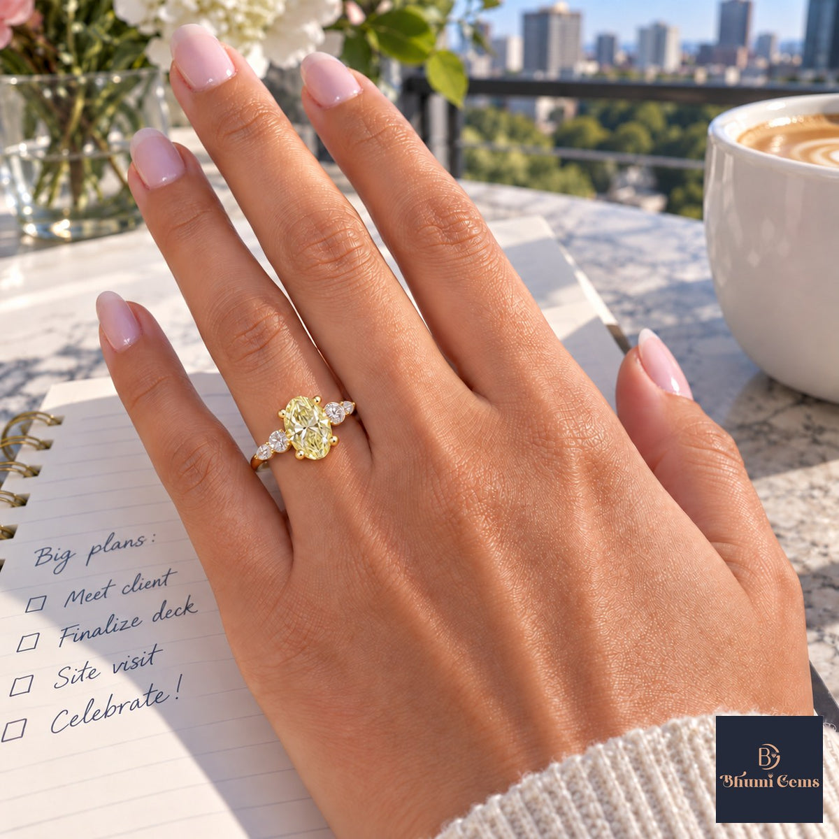 Yellow Oval Cut Lab Grown Diamond Engagement Ring - Round and Marquise Accents in yellow gold, worn on the hand