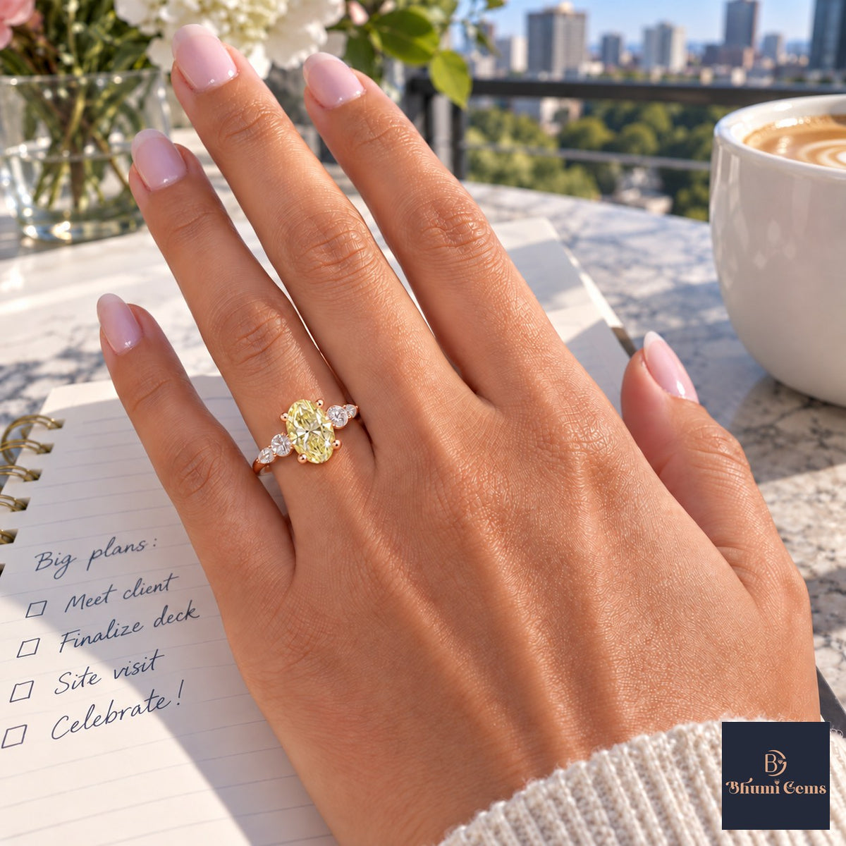 Yellow Oval Cut Lab Grown Diamond Engagement Ring - Round and Marquise Accents in rose gold, worn on the hand