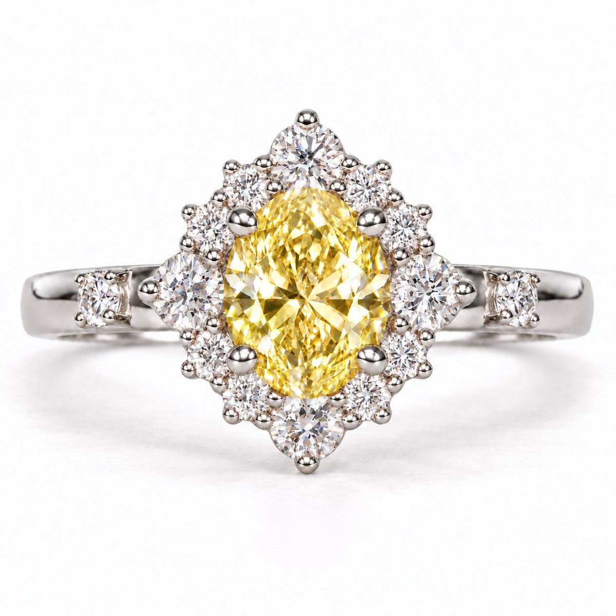 Yellow Oval Cut Lab Grown Diamond Engagement Ring - Scalloped Halo in white gold, front view