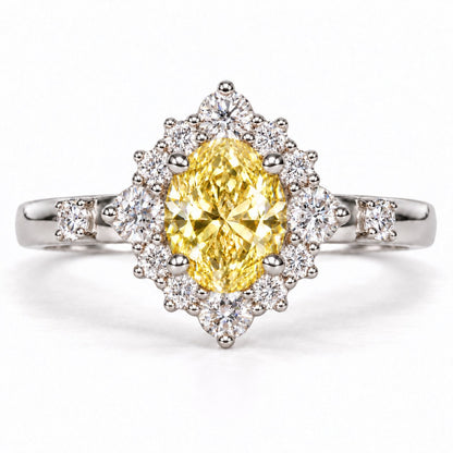 Yellow Oval Cut Lab Grown Diamond Engagement Ring - Scalloped Halo in white gold, front view