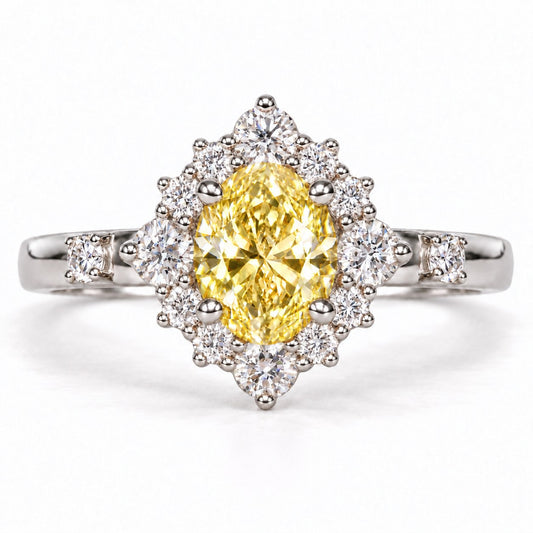 Yellow Oval Cut Lab Grown Diamond Engagement Ring - Scalloped Halo in white gold, front view