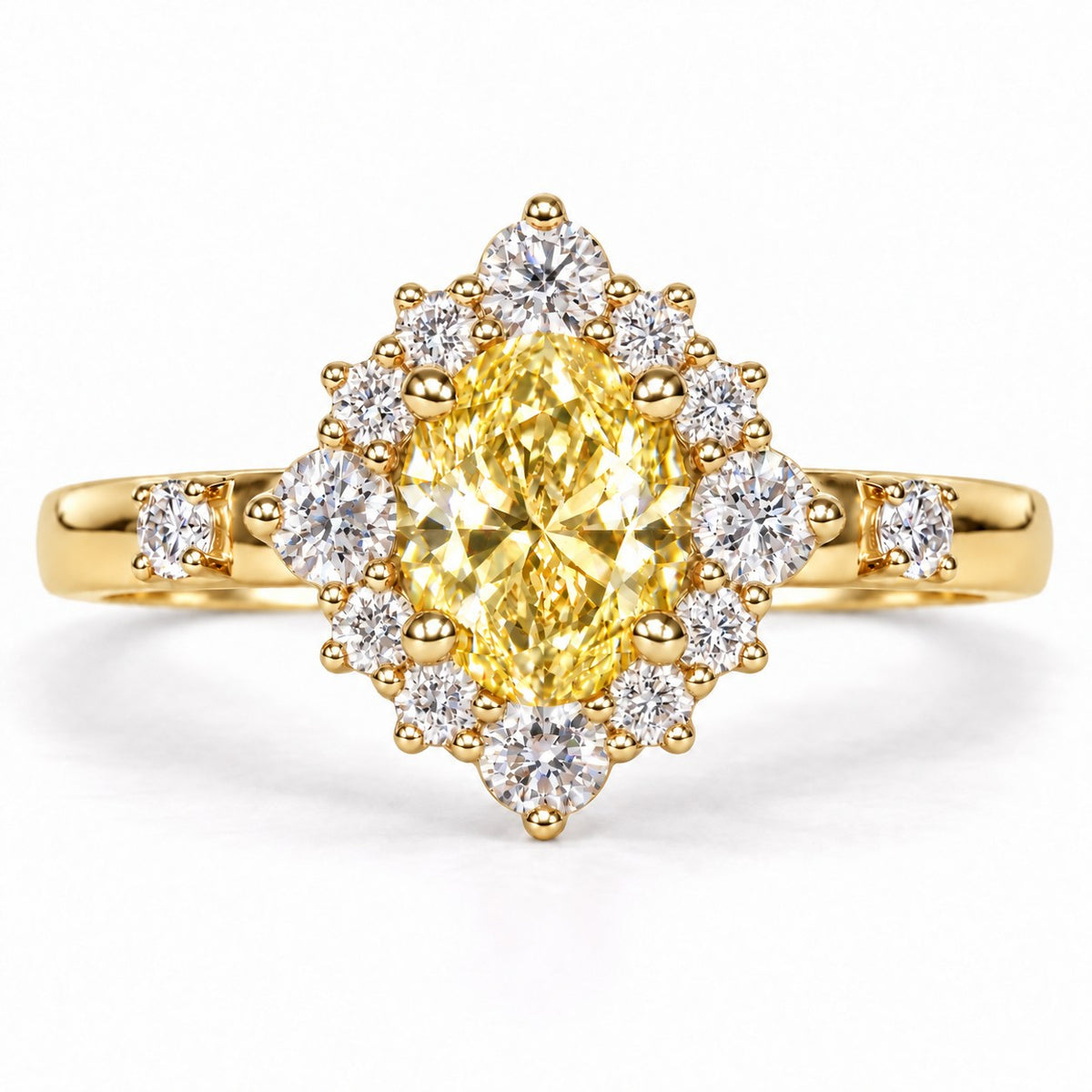 Yellow Oval Cut Lab Grown Diamond Engagement Ring - Scalloped Halo in yellow gold, front view