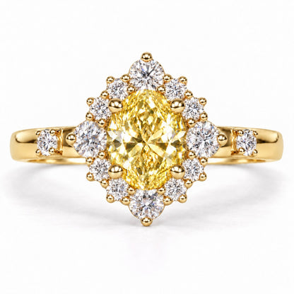 Yellow Oval Cut Lab Grown Diamond Engagement Ring - Scalloped Halo in yellow gold, front view