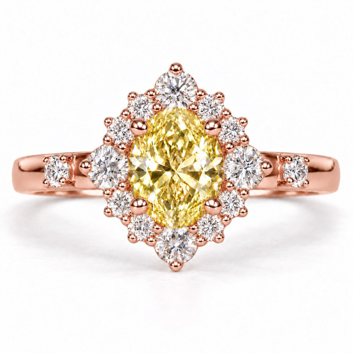 Yellow Oval Cut Lab Grown Diamond Engagement Ring - Scalloped Halo in rose gold, front view