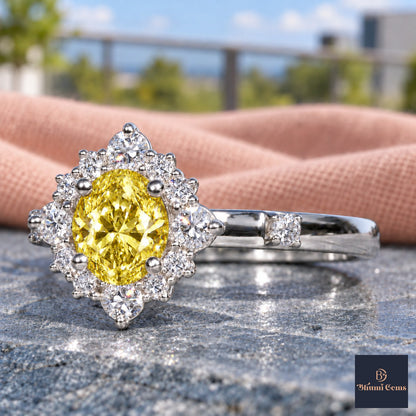 Yellow Oval Cut Lab Grown Diamond Engagement Ring - Scalloped Halo in white gold, close-up