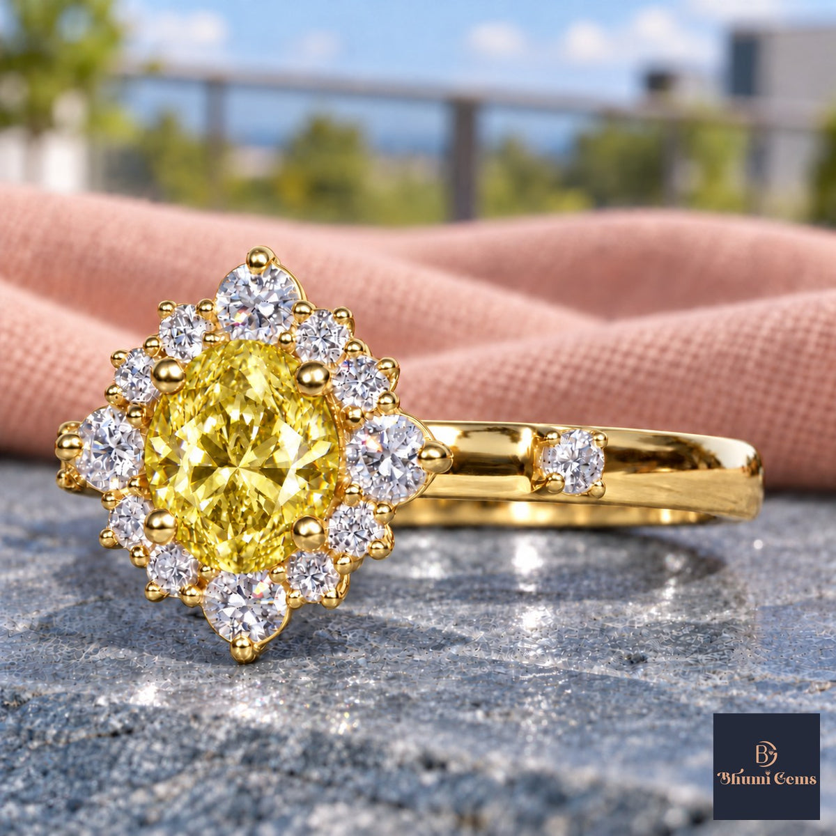 Yellow Oval Cut Lab Grown Diamond Engagement Ring - Scalloped Halo in yellow gold, close-up
