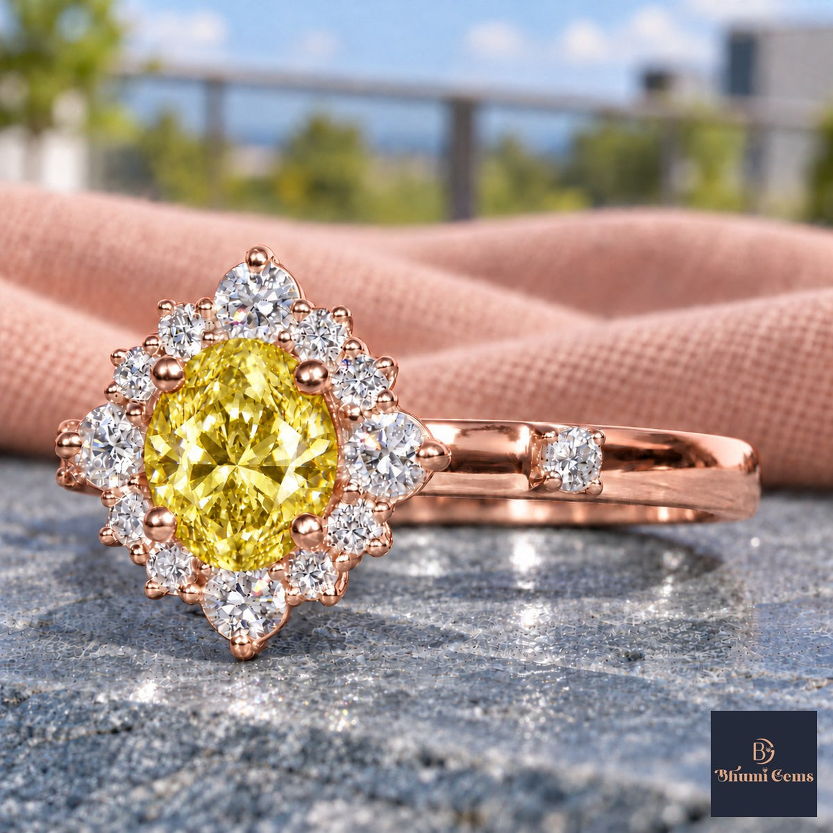 Yellow Oval Cut Lab Grown Diamond Engagement Ring - Scalloped Halo in rose gold, close-up
