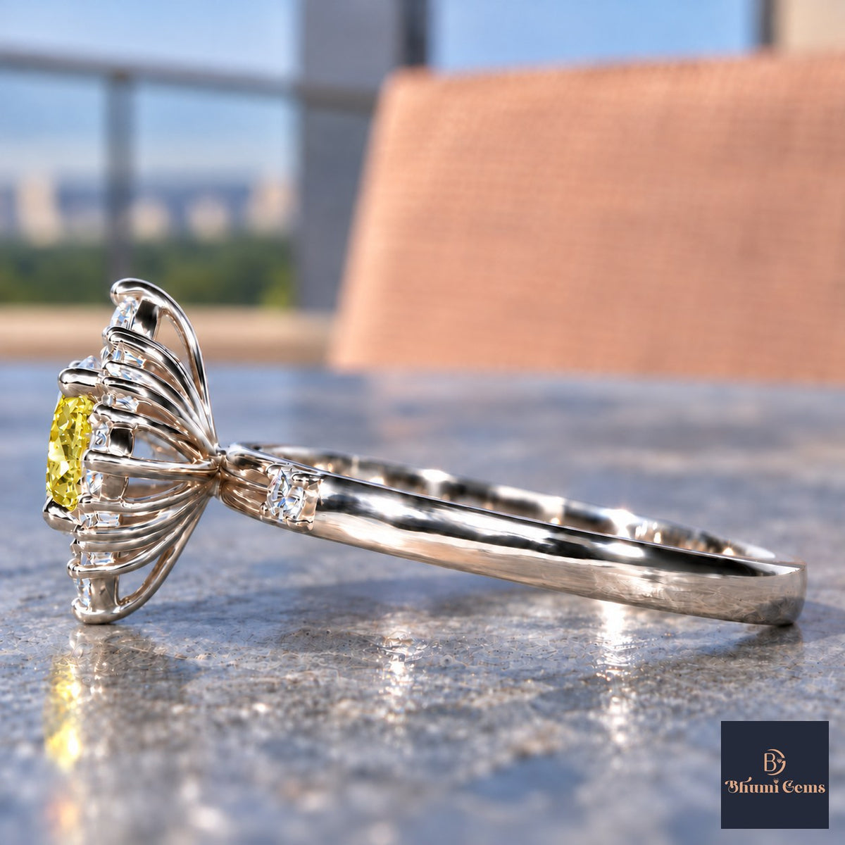 Yellow Oval Cut Lab Grown Diamond Engagement Ring - Scalloped Halo in white gold, side view