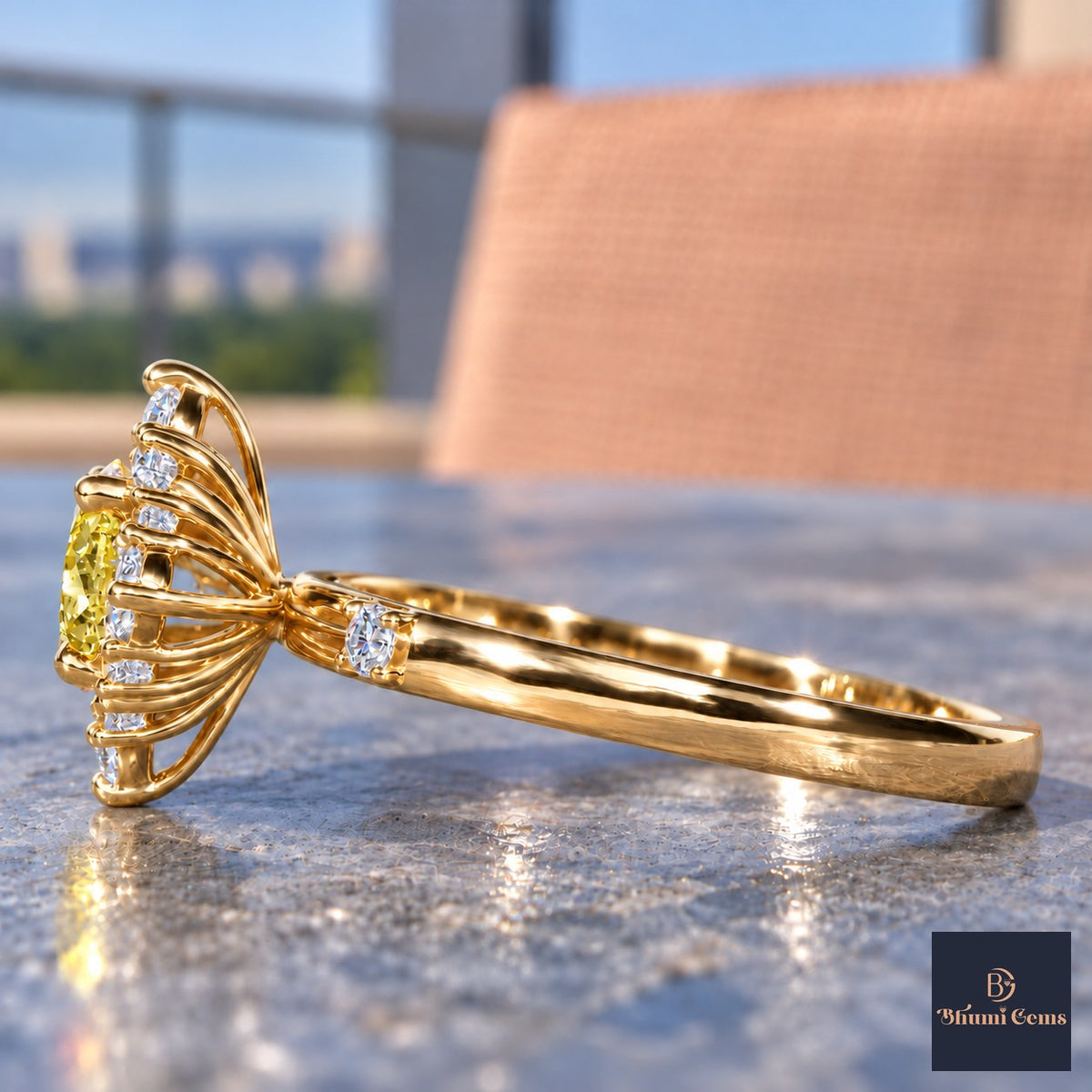 Yellow Oval Cut Lab Grown Diamond Engagement Ring - Scalloped Halo in yellow gold, side view