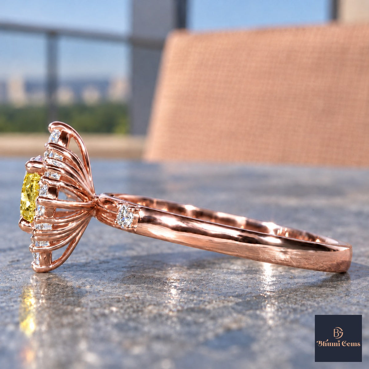 Yellow Oval Cut Lab Grown Diamond Engagement Ring - Scalloped Halo in rose gold, side view